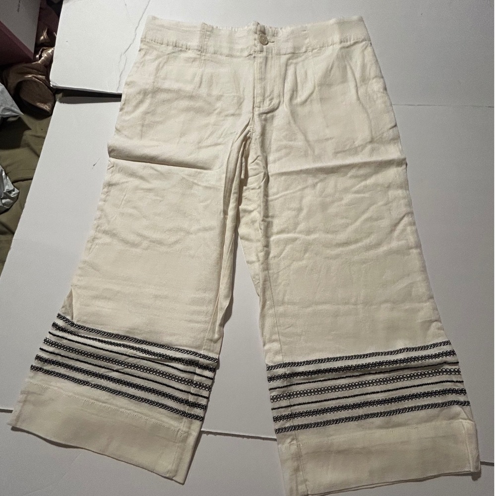 Joan Rivers Cream Linen Blend Embroidered Stripe Wide Leg Crop Pants LP Boho